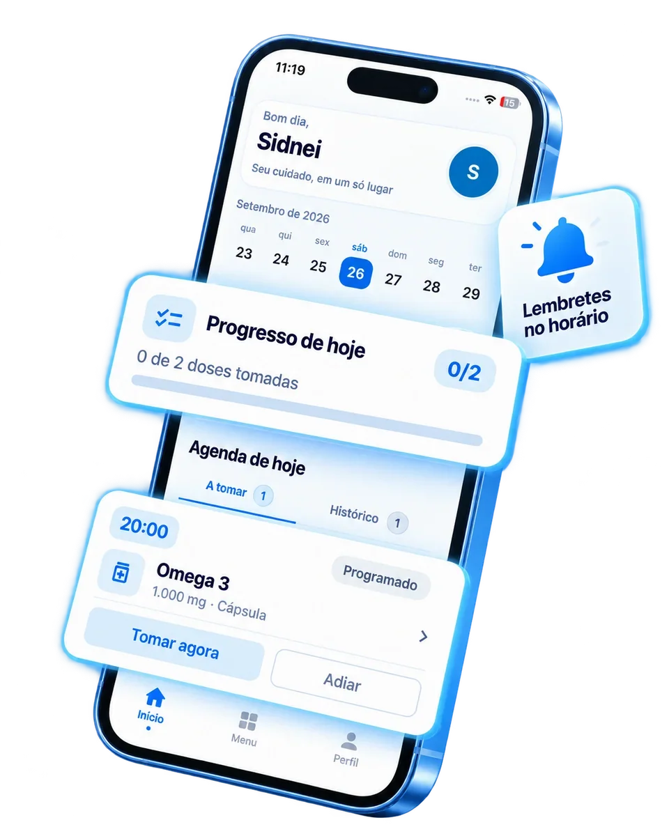 Imagem oficial do Dozza com a agenda de medicamentos, lembretes e progresso de doses; dados demonstrativos.