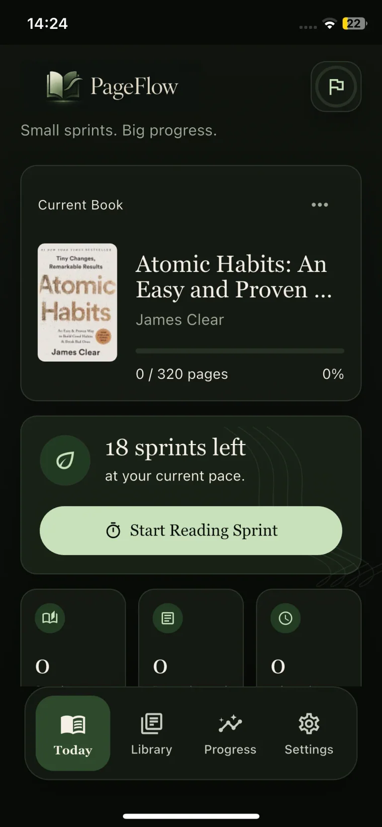Tela oficial do PageFlow com o livro atual, progresso em páginas e botão para iniciar um sprint de leitura.